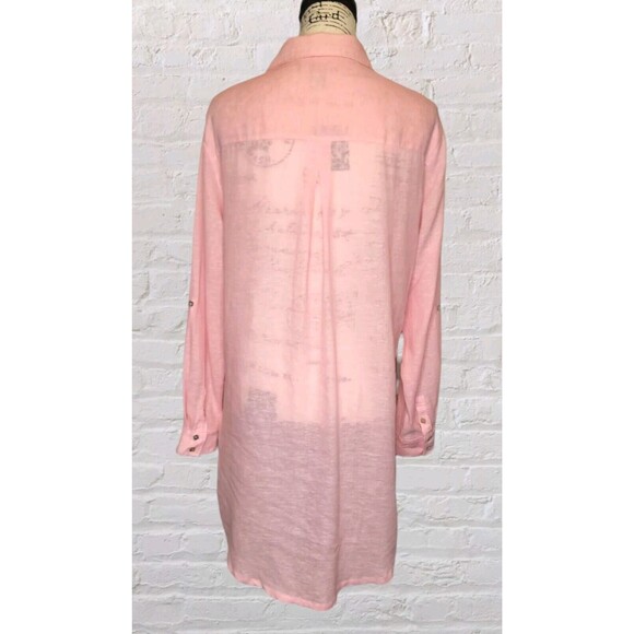 Tahari Linen Tunic Shirt Dress MED Pink Roll Tab Sleeve Lagenlook MOP Buttons - Picture 3 of 8